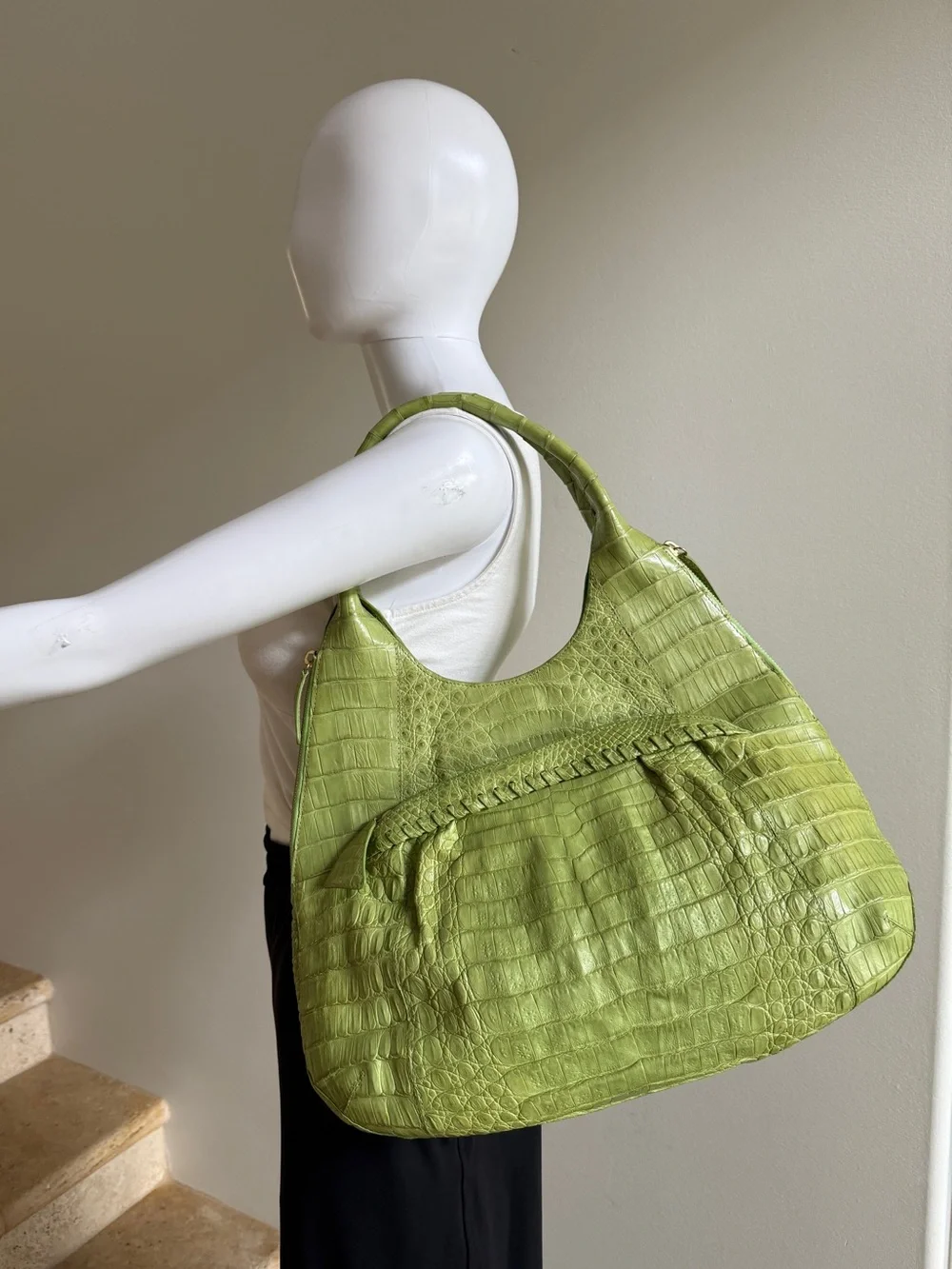 NANCY GONZALEZ Genuine Crocodile Top Handle Shoulder Bag Hobo Handbag Lime Green